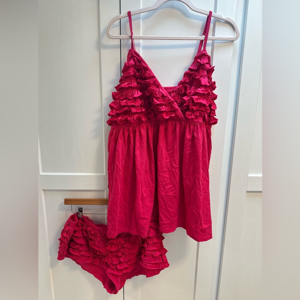 Cacique Intimates 18/20 matching set Bright Pink Cotton ruffles Cami & boyshorts